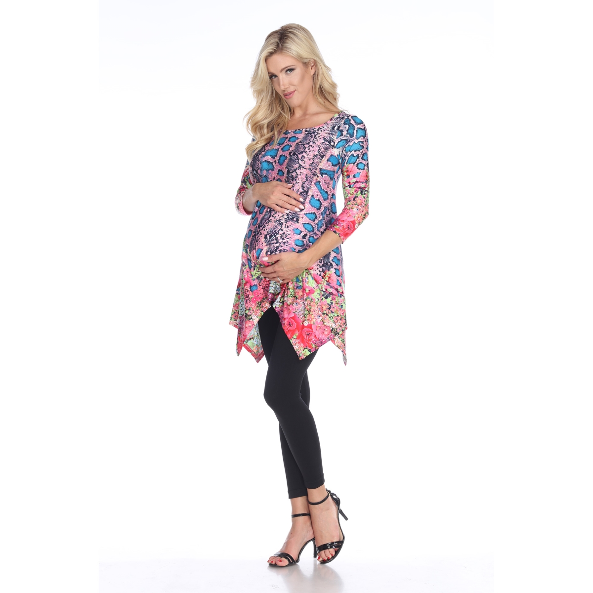 MTRPS1300-04-6XL Maternity Arlene Tunic Top, Teal & Pink - 6X