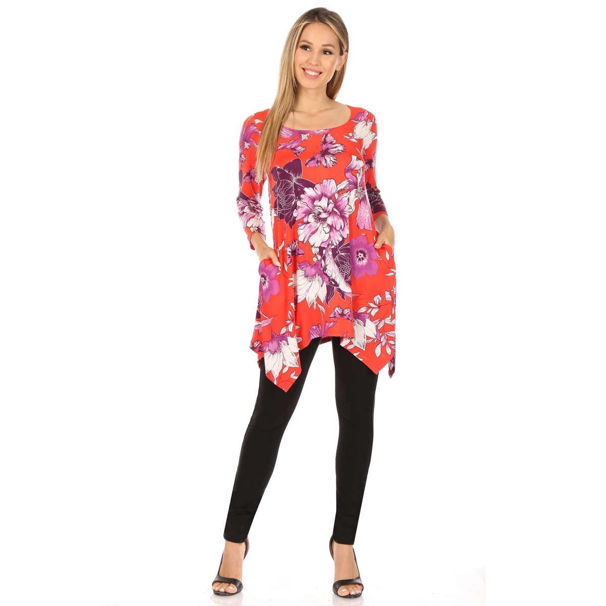 Picture of White Mark 1301-57-M Floral Scoop Neck Tunic Top with Pockets&#44; Red & Purple - Medium