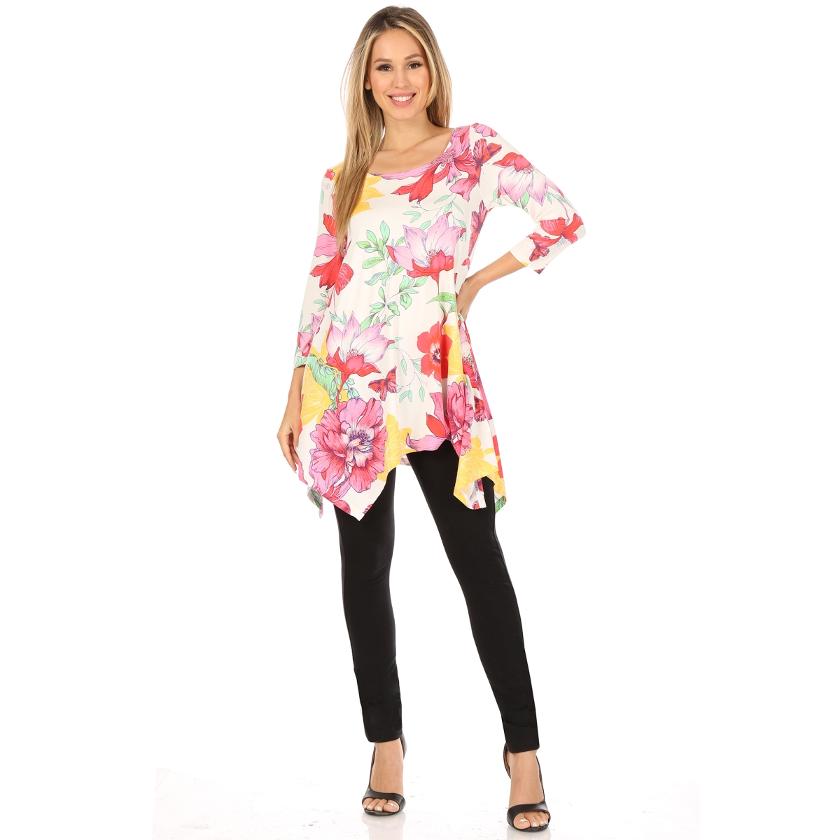 Picture of White Mark 1301-58-S Floral Scoop Neck Tunic Top with Pockets&#44; White & Pink - Small