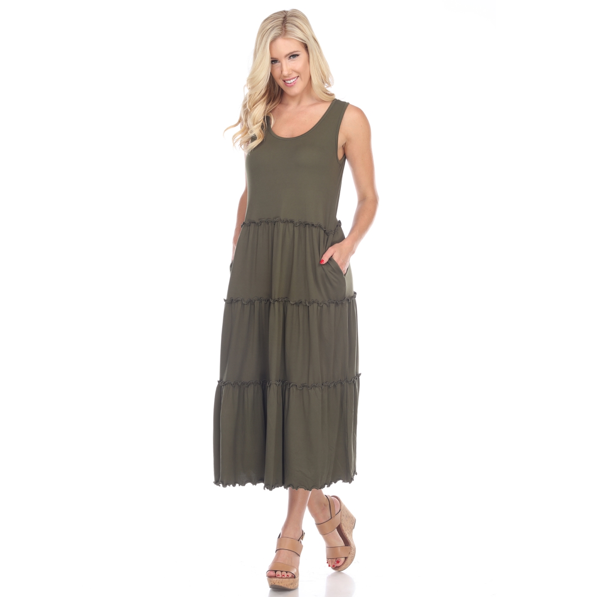 Picture of White Mark 315-02-S Olive Scoop Neck Teired Midi Dress - Small
