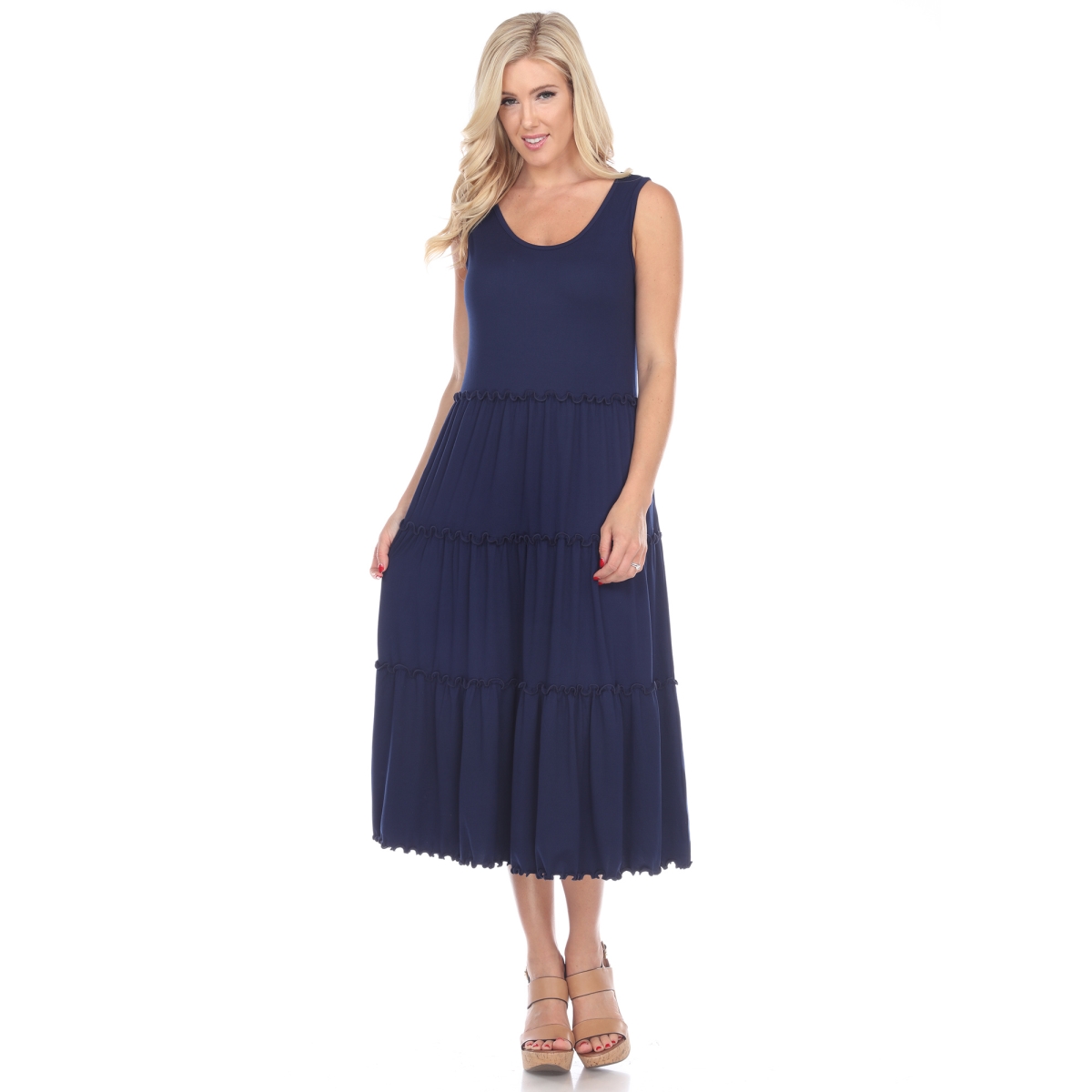Picture of White Mark 315-03-S Navy Scoop Neck Teired Midi Dress - Small