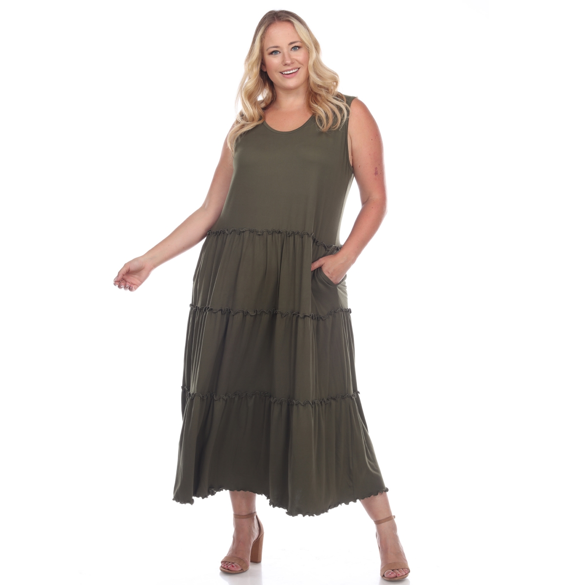 Picture of White Mark PS315-02-1X Olive Plus Size Scoop Neck Teired Midi Dress 1X