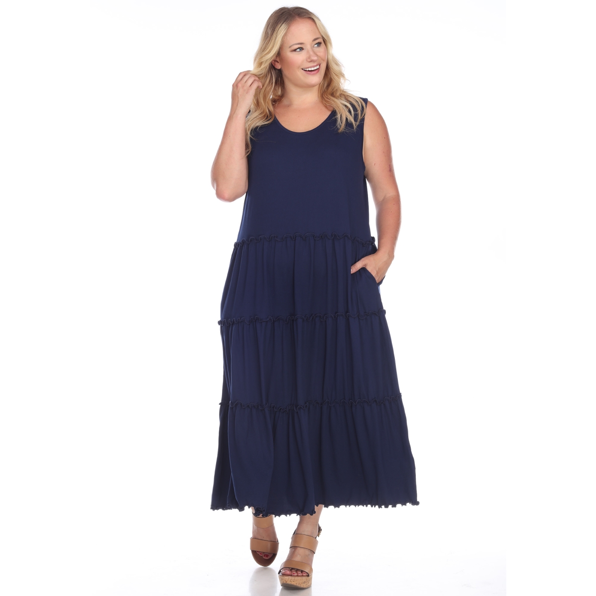 Picture of White Mark PS315-03-3X Navy Plus Size Scoop Neck Teired Midi Dress 3X
