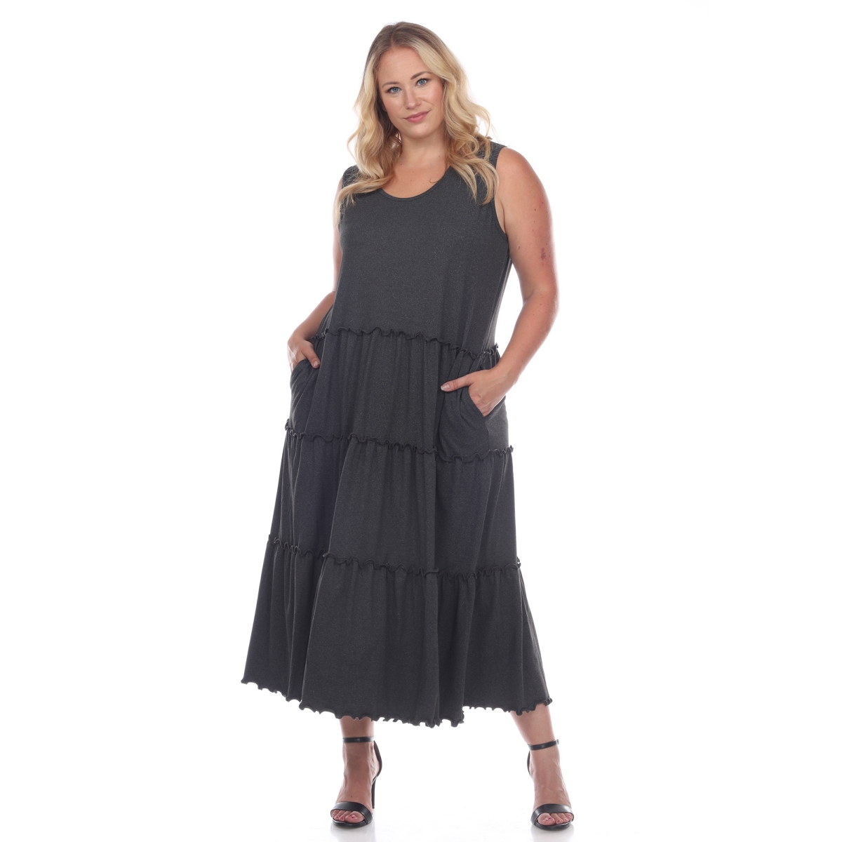 Picture of White Mark PS315-04-1X Charcoal Plus Size Scoop Neck Teired Midi Dress 1X