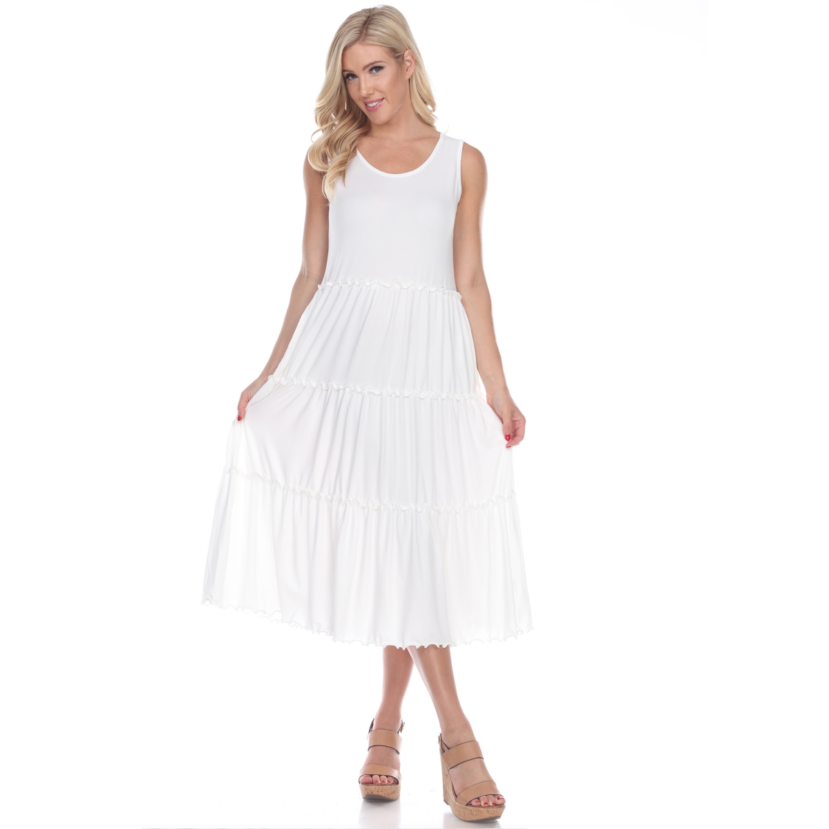 Picture of White Mark 315-05-S White Scoop Neck Teired Midi Dress - Small