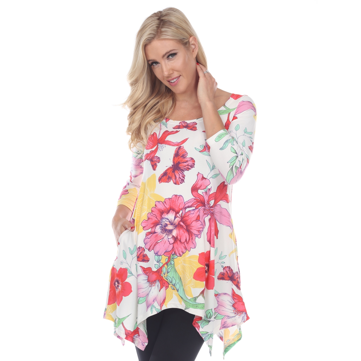 Picture of White Mark MTR1301-58-S White & Pink Maternity Floral Scoop Neck Tunic Top with Pockets - Small