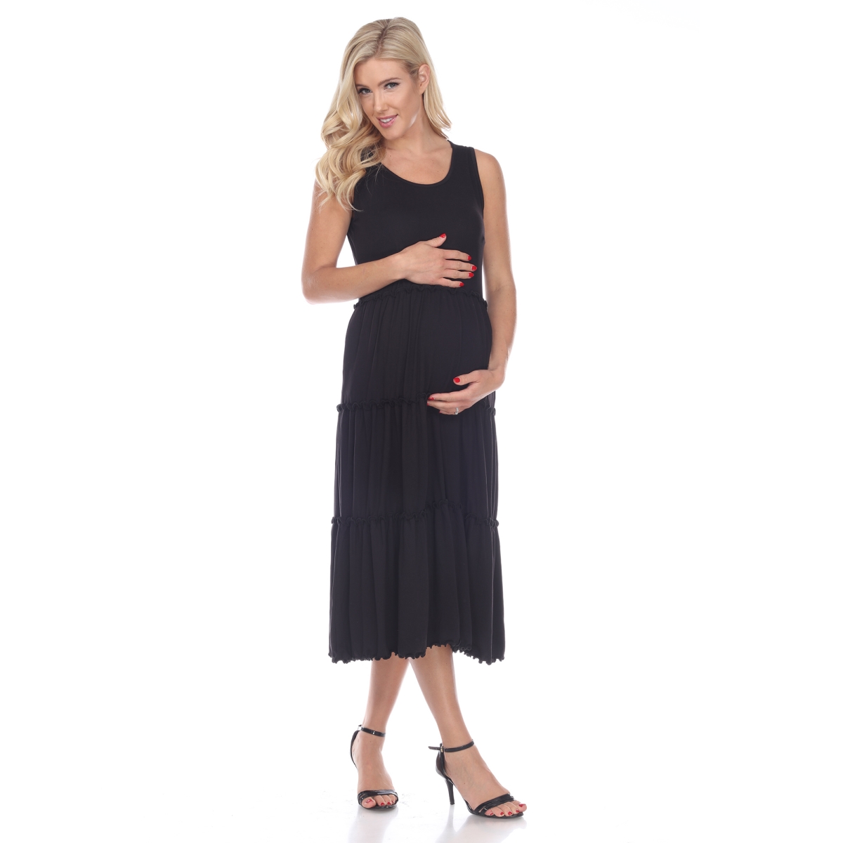 Picture of White Mark MTR315-01-L Black Maternity Scoop Neck Tiered Midi Dress - Large