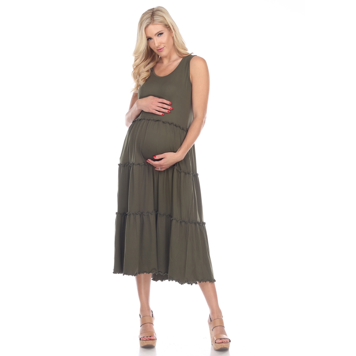 Picture of White Mark MTR315-02-S Olive Maternity Scoop Neck Tiered Midi Dress - Small