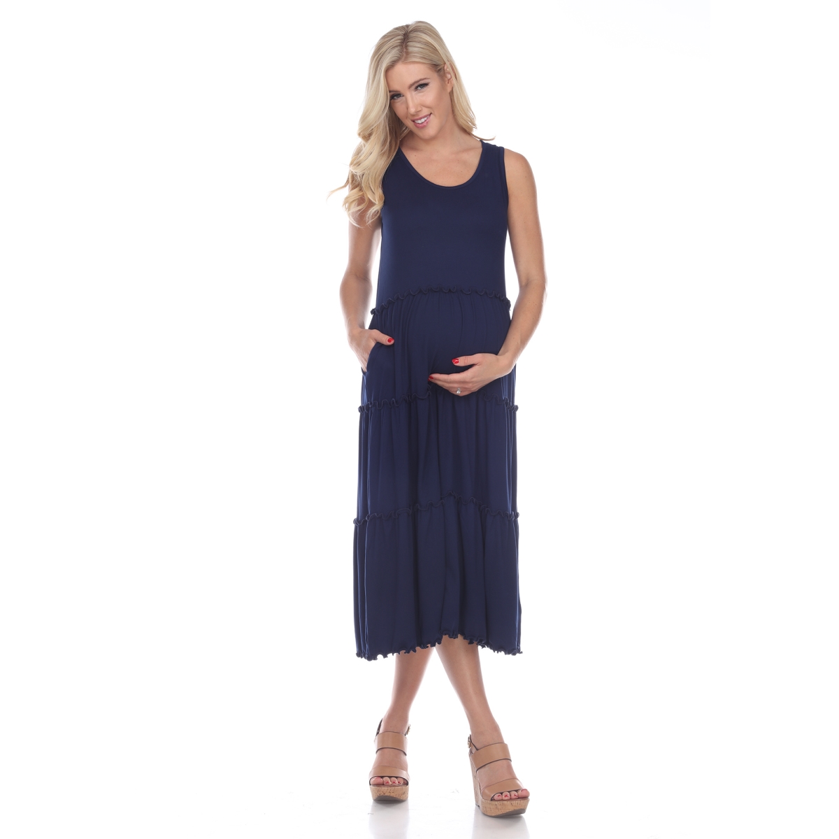 Picture of White Mark MTR315-03-S Navy Maternity Scoop Neck Tiered Midi Dress - Small