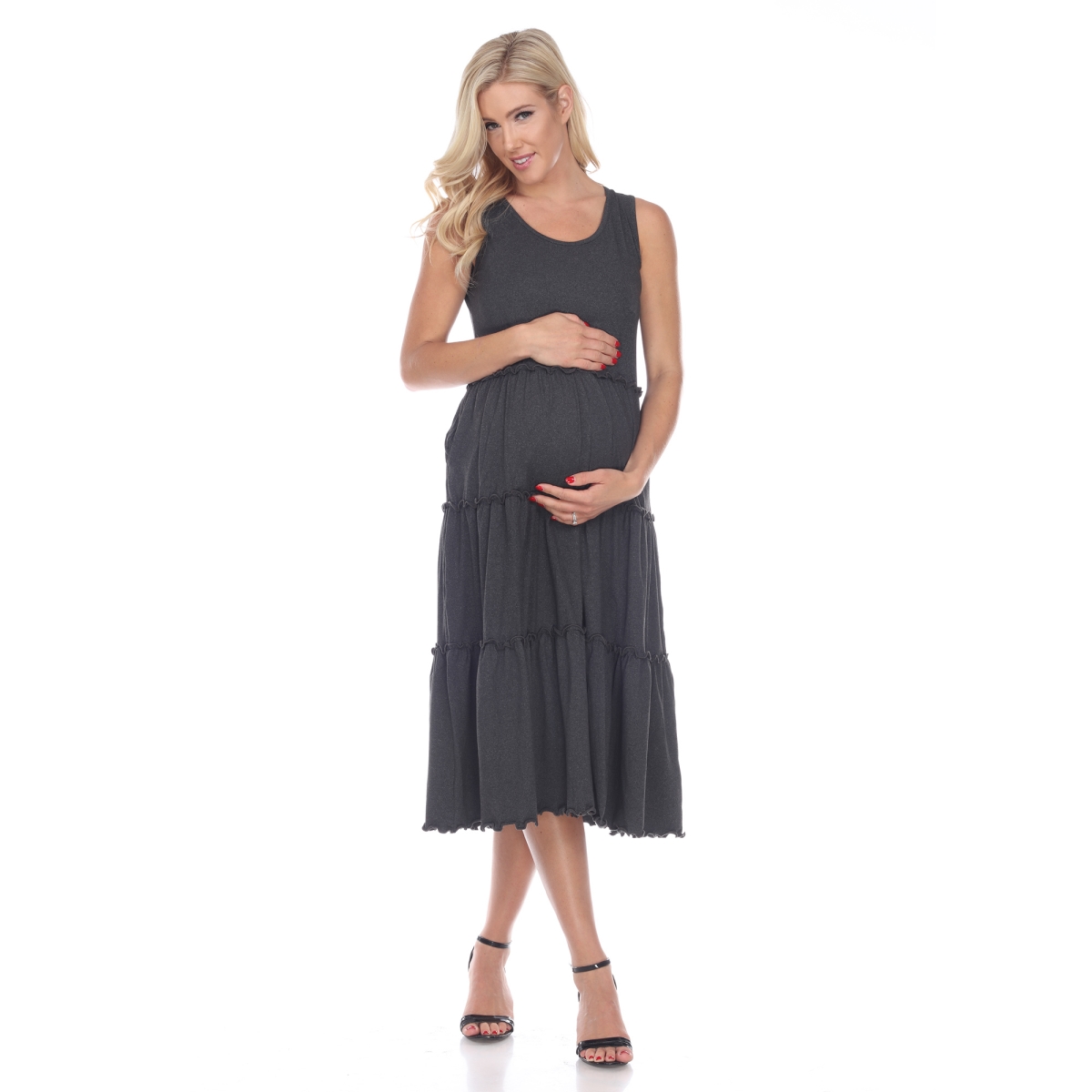 Picture of White Mark MTR315-04-S Charcoal Maternity Scoop Neck Tiered Midi Dress - Small