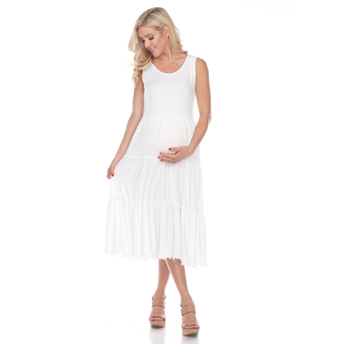 Picture of White Mark MTR315-05-S White Maternity Scoop Neck Tiered Midi Dress - Small