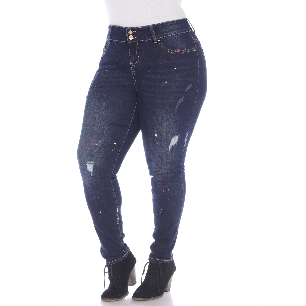 Plus Size White Mark Paint Effect Dark Blue Denim Jeans -  PS526P-A/22