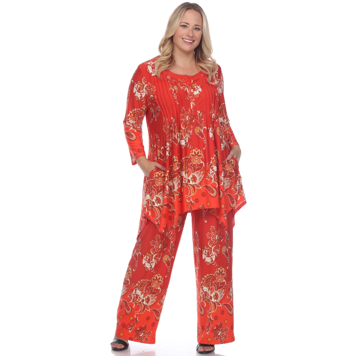 PSset-042-3X Plus Size Paisley Printed Head to Toe Printed Set, Red & White - 3X