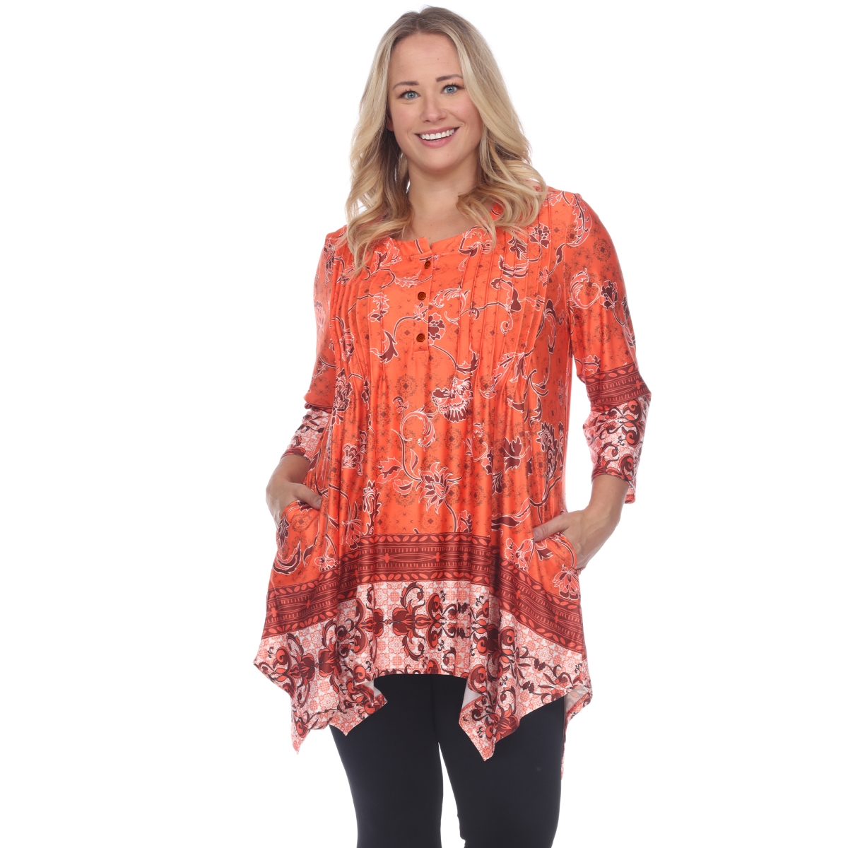 PS1326-52-2X Plus Size Victorian Print Tunic Top with Pockets, Orange - 2X