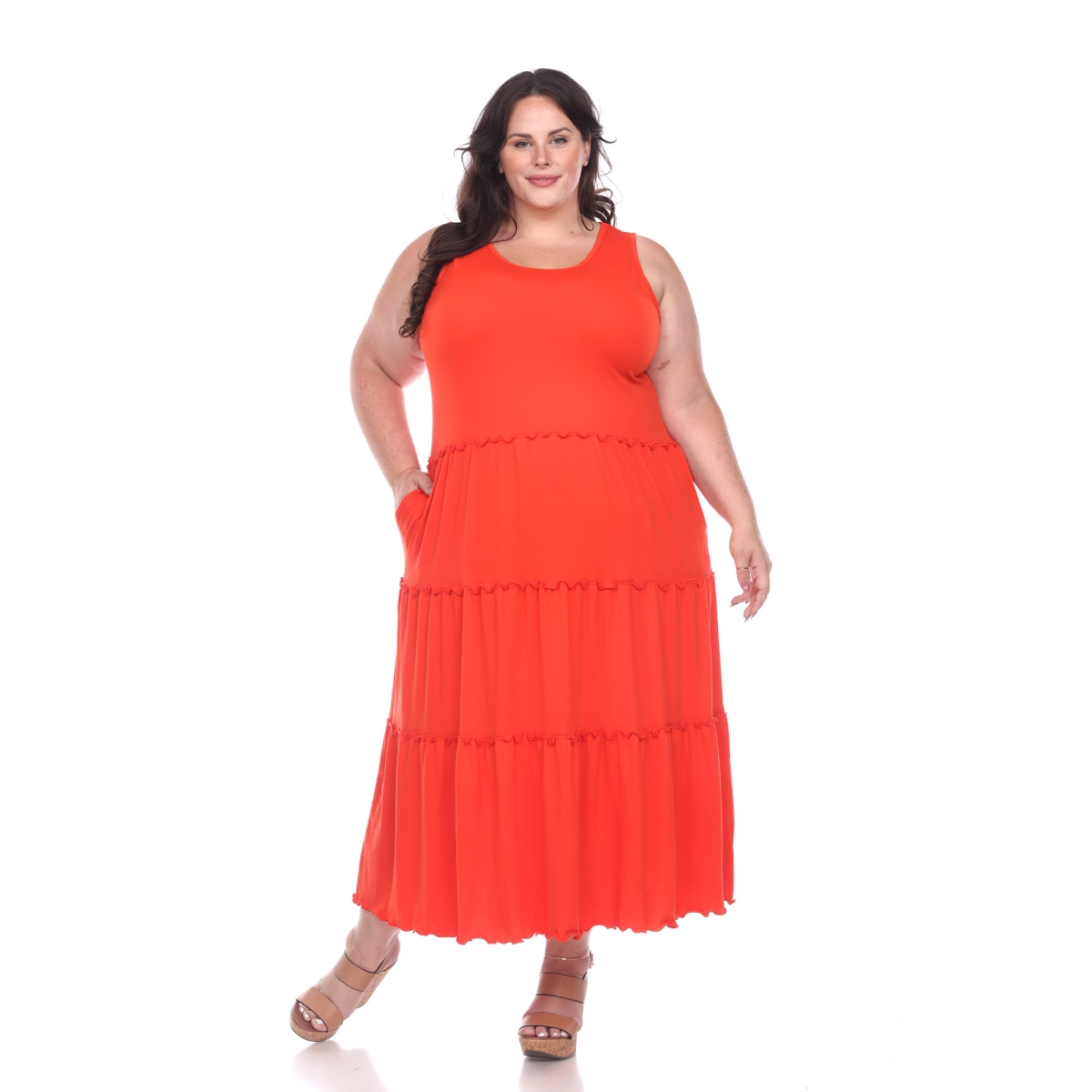 PS315-06-1X Womens Plus Size Scoop Neck Tiered Midi Dress, Red - 1X