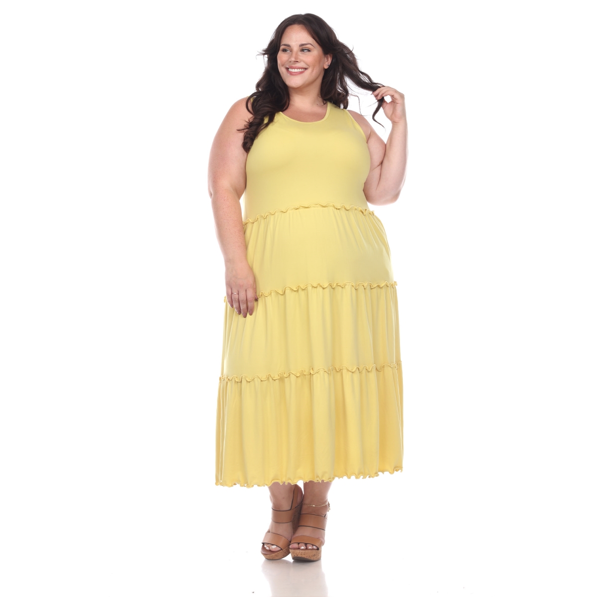 Picture of White Mark PS315-07-1X Womens Plus Size Scoop Neck Tiered Midi Dress, Yellow - 1X