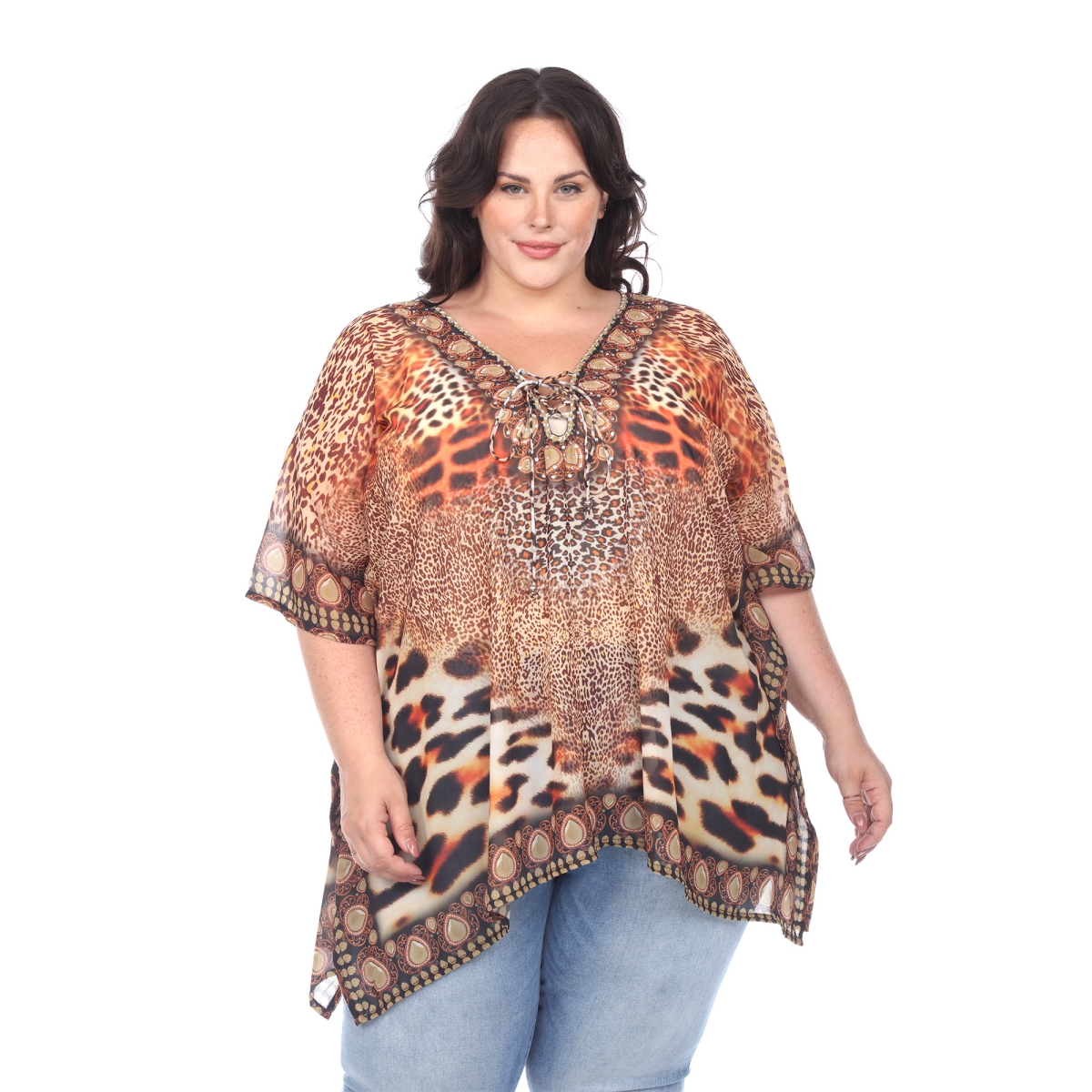 Picture of White Mark PSSK983-222 Plus Size Short Caftan with Tie-Up Neckline for Women, Brown Cheetah