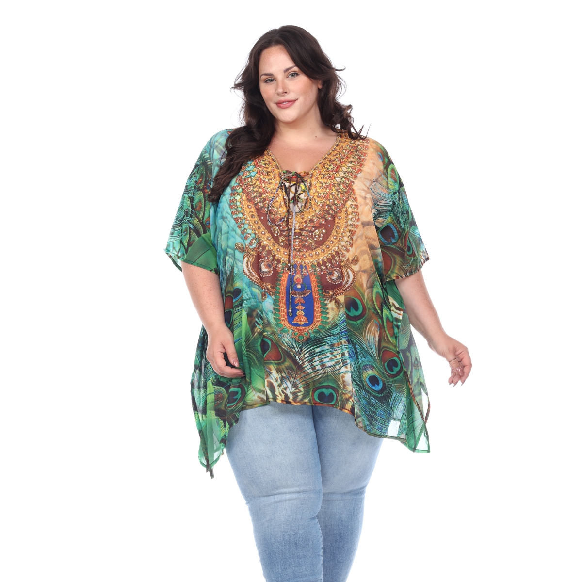Picture of White Mark PSSK983-226 Plus Size Short Caftan with Tie-up Neckline for Women, Green Peacock