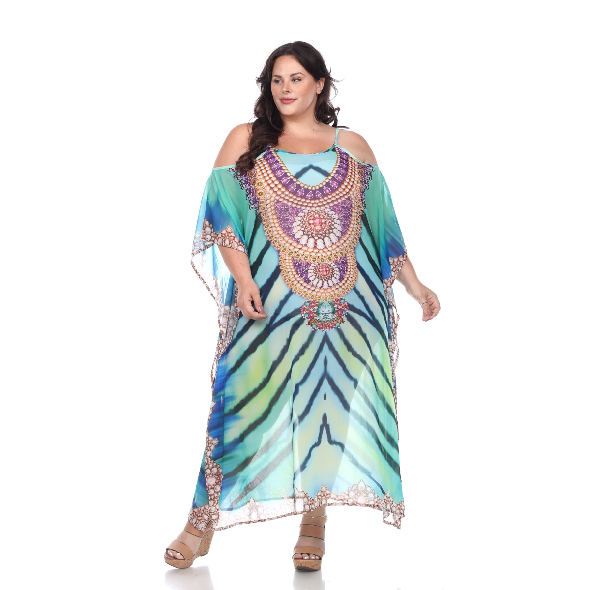 Picture of White Mark PSLD985-221 Plus Size Long Caftan with Tie-Up Neckline, Green