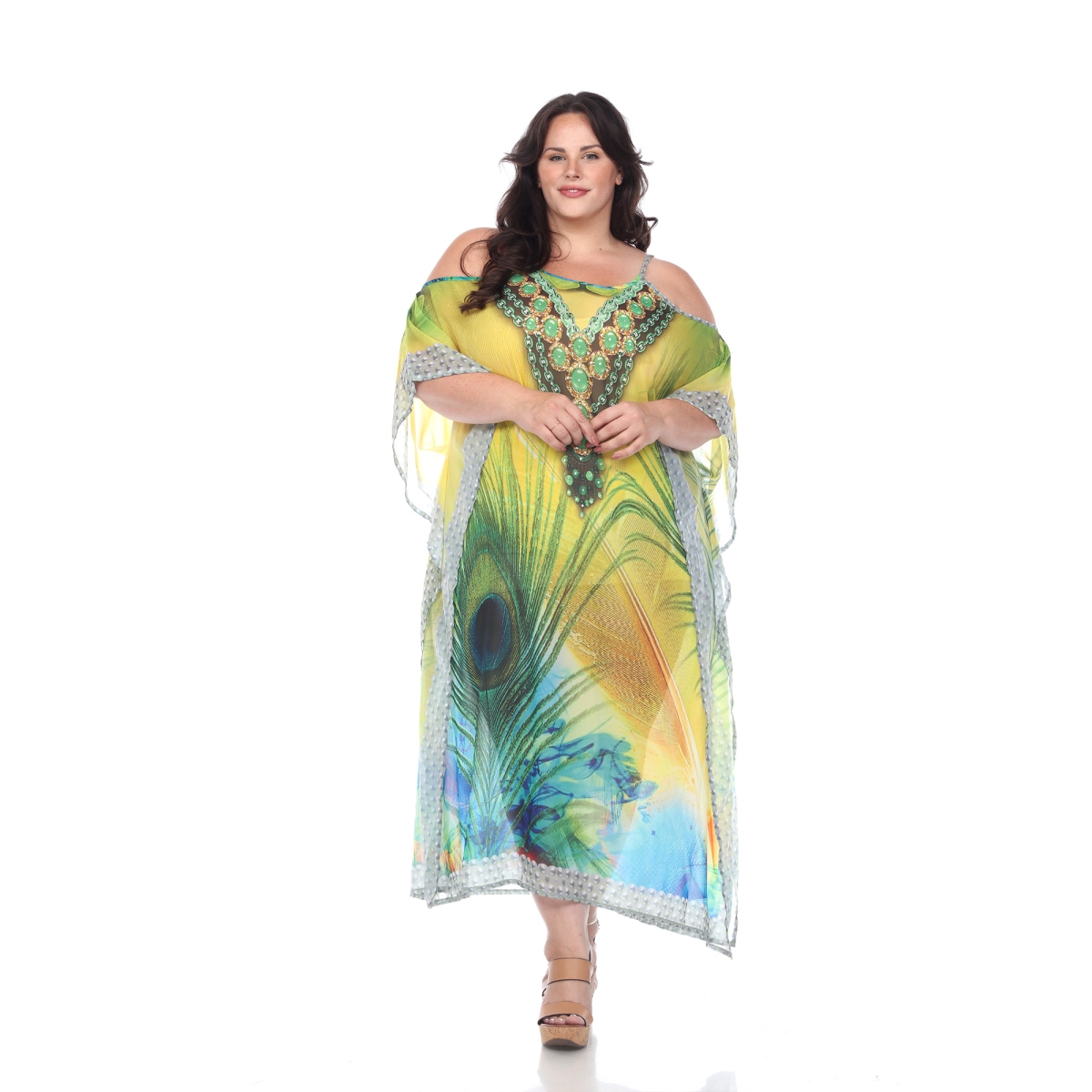 Picture of White Mark PSLD985-222 Plus Size Long Caftan with Tie-Up Neckline, Peacock Feather