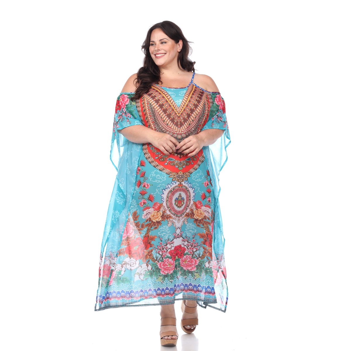 Picture of White Mark PSLD985-223 Plus Size Long Caftan with Tie-Up Neckline, Aqua