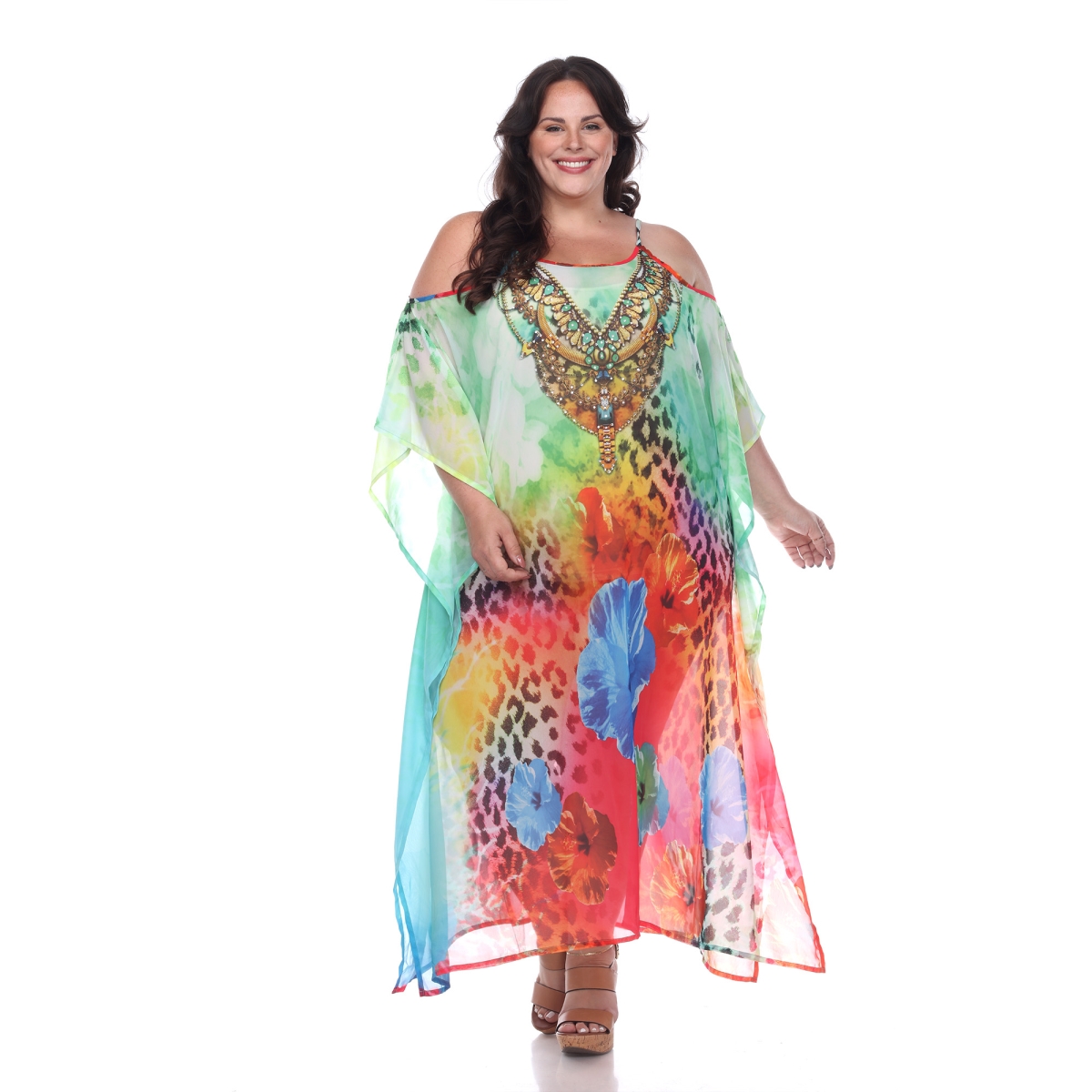 Picture of White Mark PSLD985-224 Plus Size Long Caftan with Tie-Up Neckline, Red Cheetah