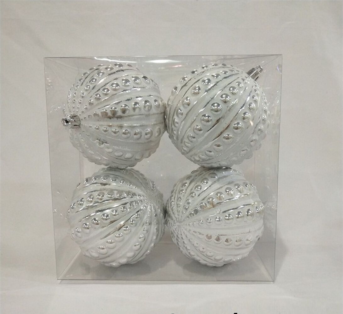 Silver & White Studded Ornaments - Pack of 4