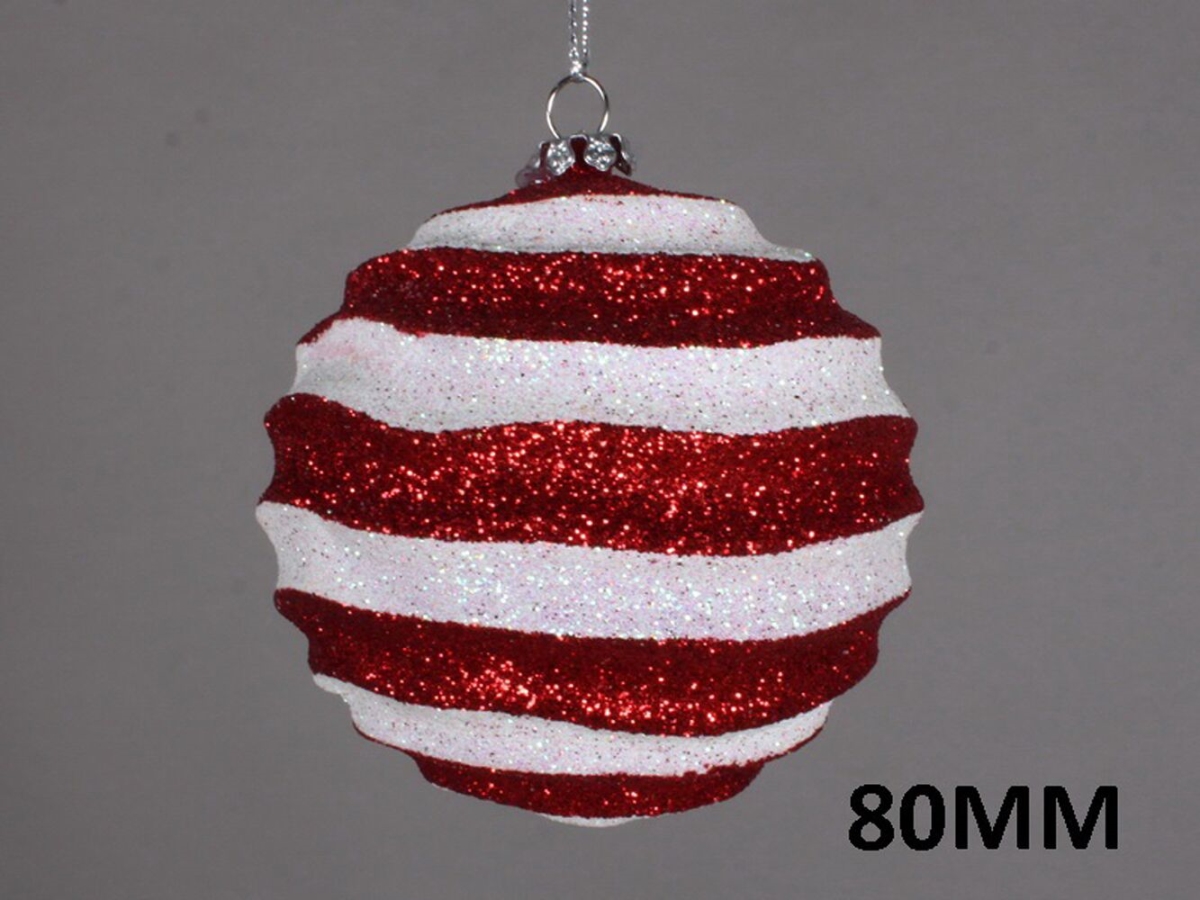 80 mm Red & White Wavy Striped Ball Ornament