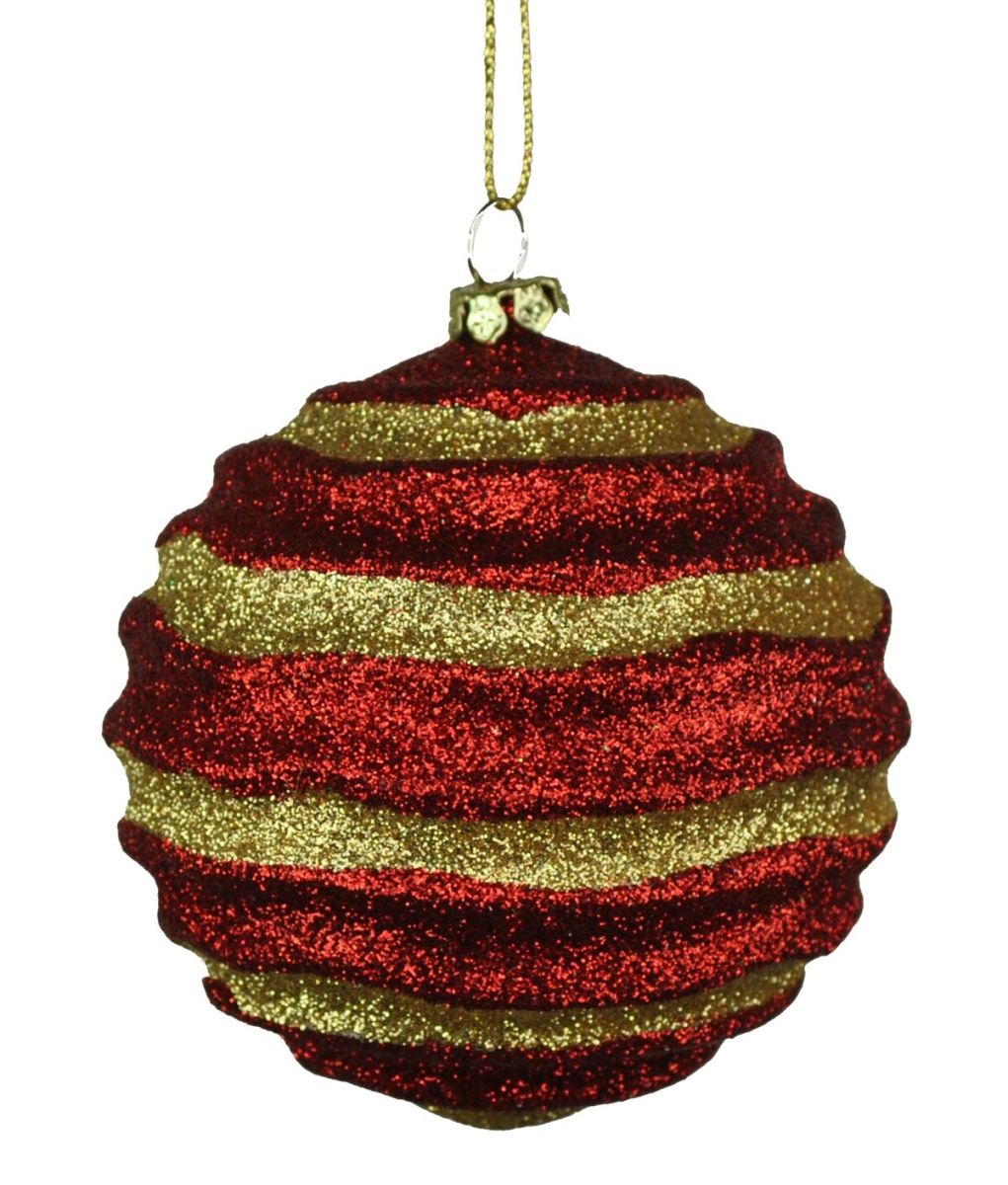 80 mm Stripe Waves Red & Gold Ball Ornament