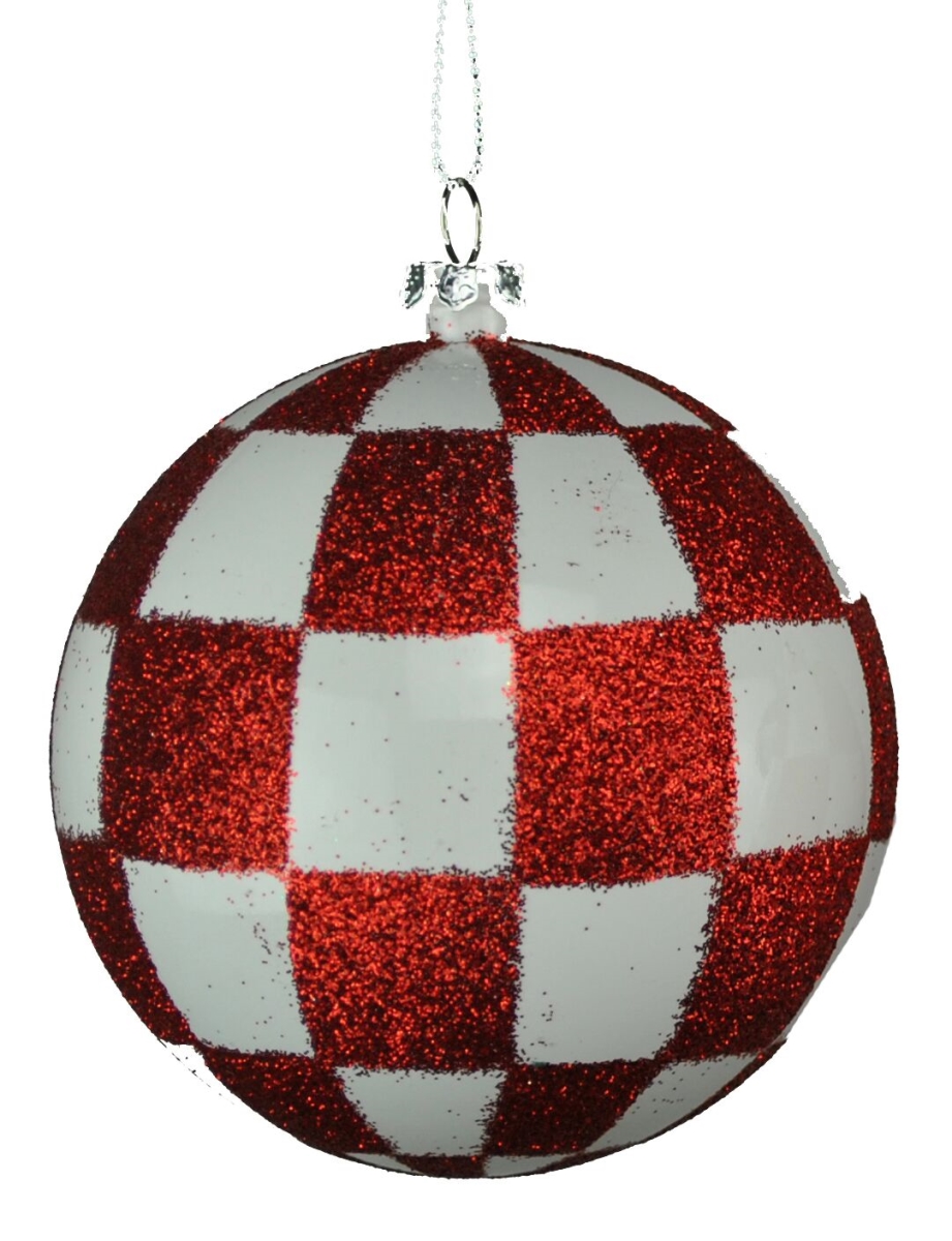 80 mm White & Red Checker Ball Ornament