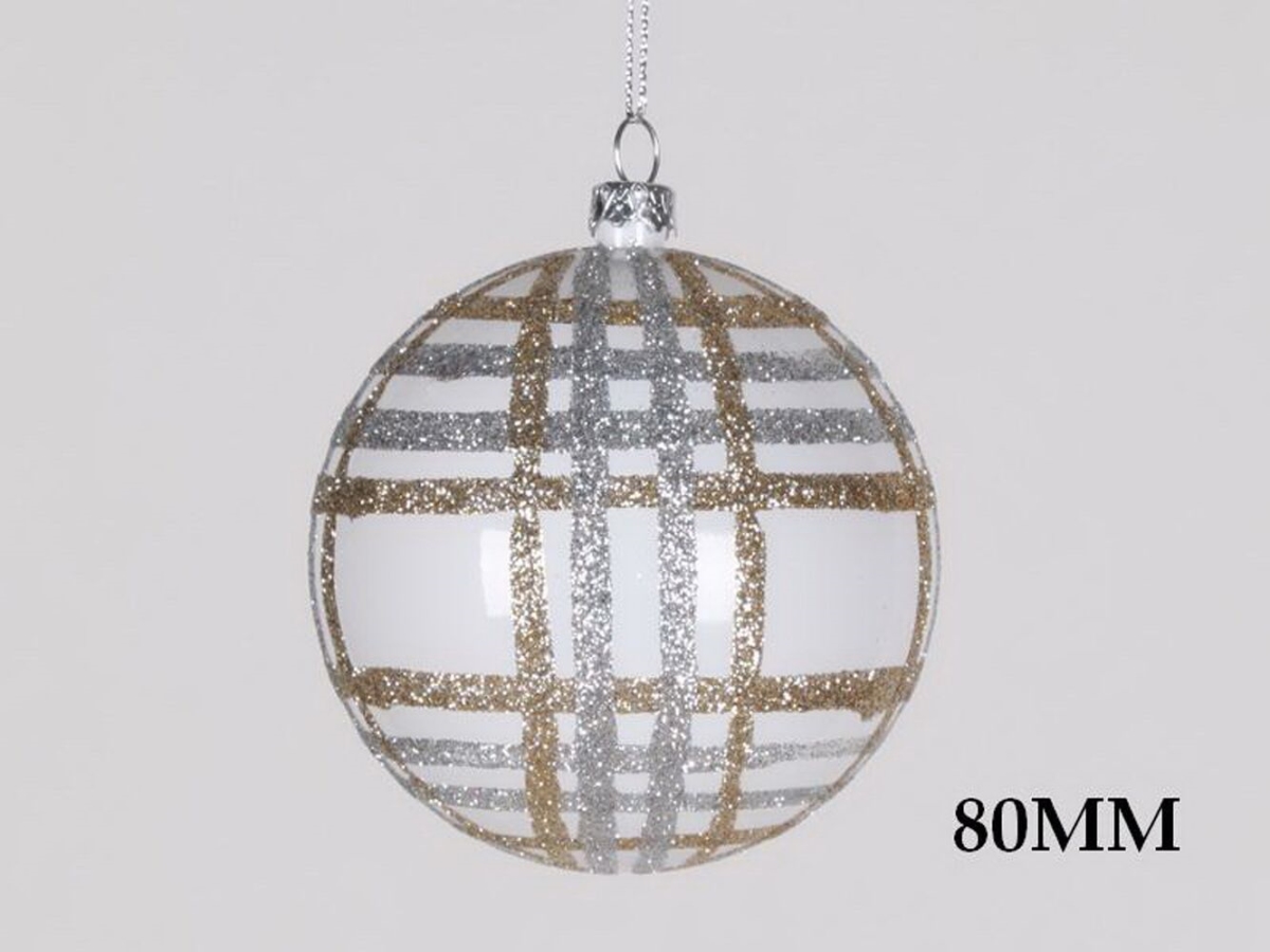 80 mm White, Champagne & Silver Stripe Ball Ornament