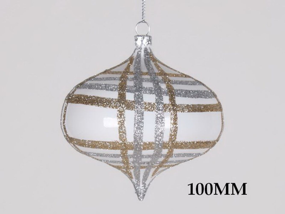 100 mm White, Champagne & Silver Glitter Ornament