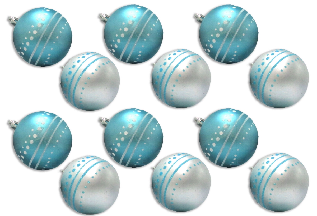 4 in. Ball Ornament with Dot Design, Aqua & White - Pack of 12