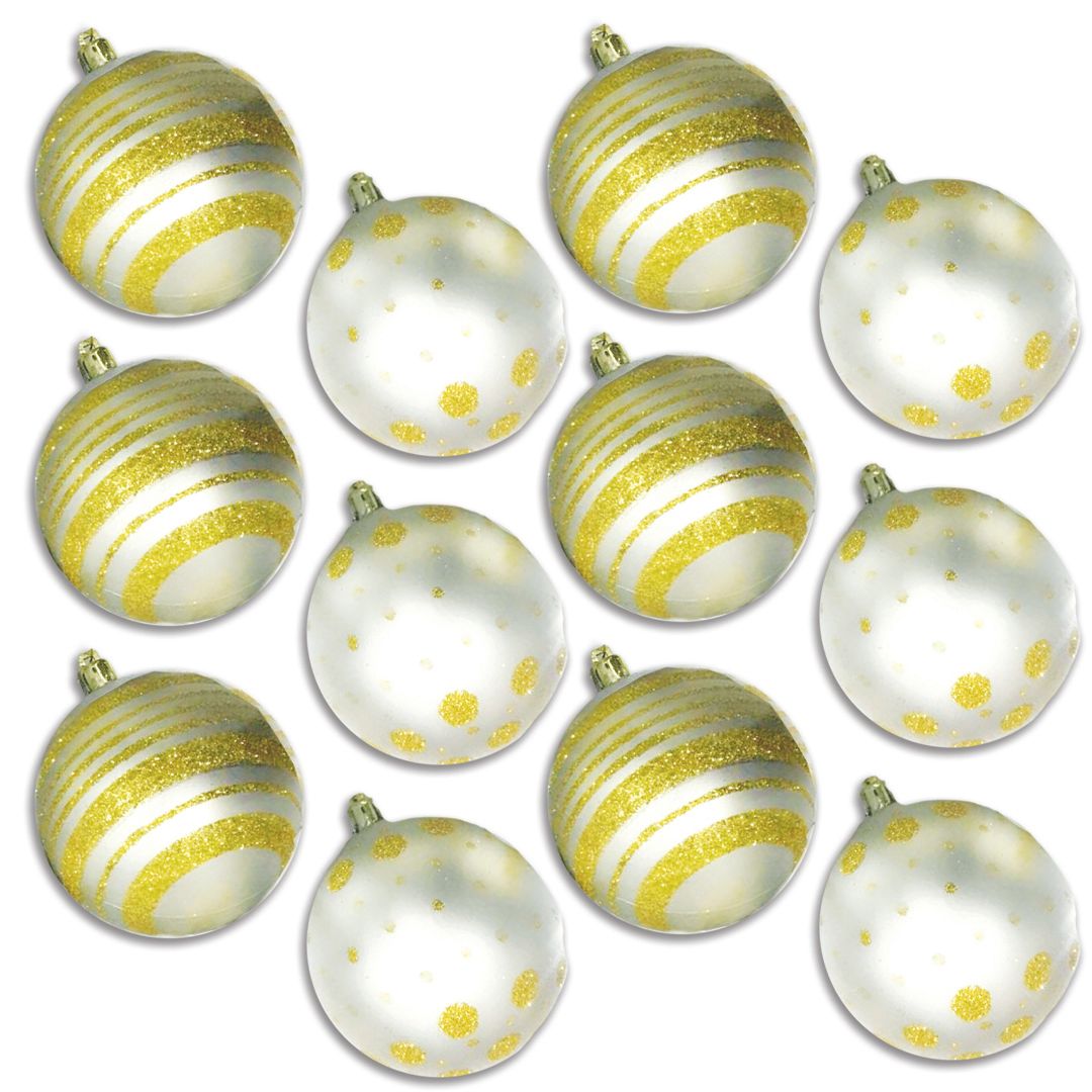 Ball Ornaments with Gold Dot & Line Design, White - Pack of 12