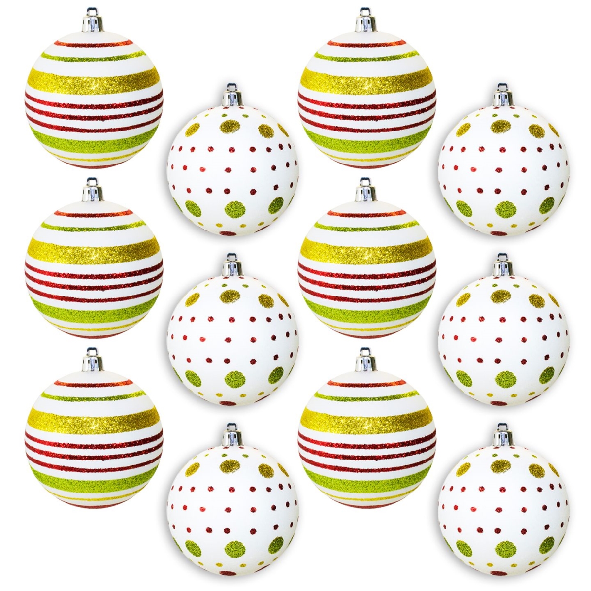 Ball Ornament with Gold, Red & Green Dot & Line Design, White - Pack of 12