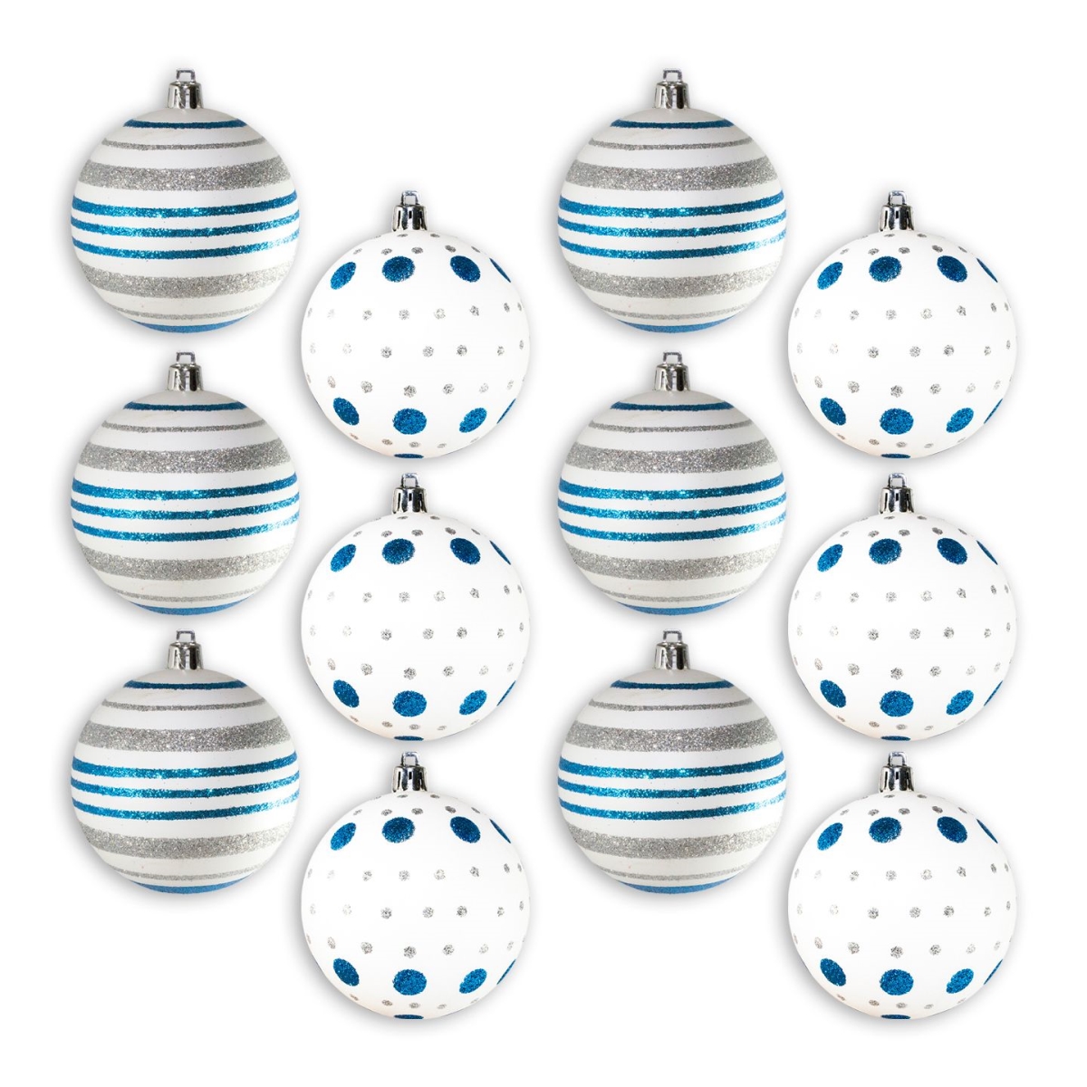 Ball Ornaments with Silver & Aqua Dot & Line Design, White - Pack of 12