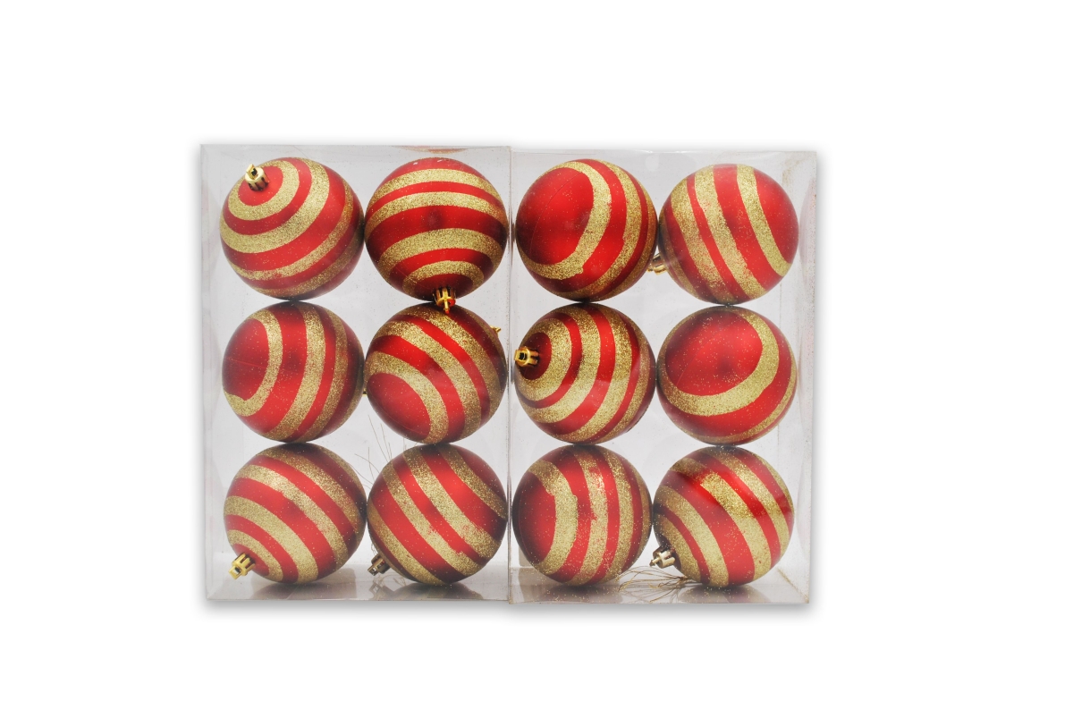 4 in. Ball Ornaments with Gold Glitter Lines, Red