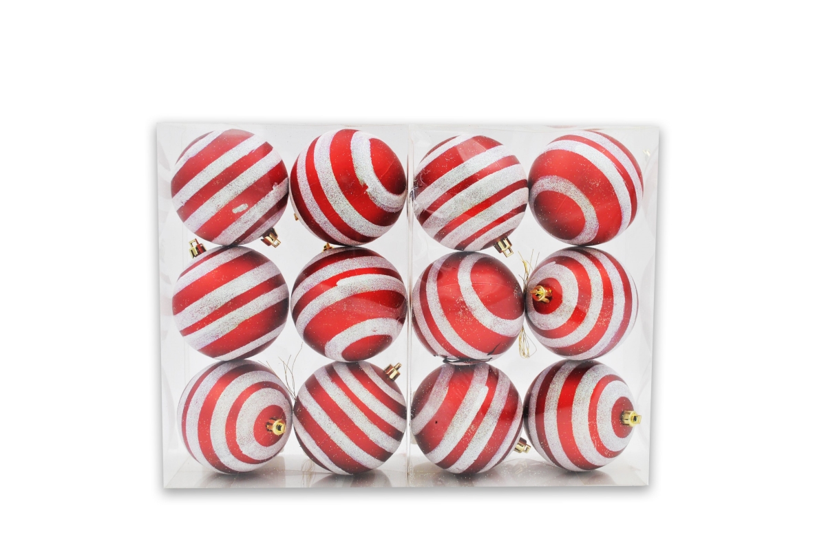 4 in. Ball Ornaments with White Glitter Lines, Red