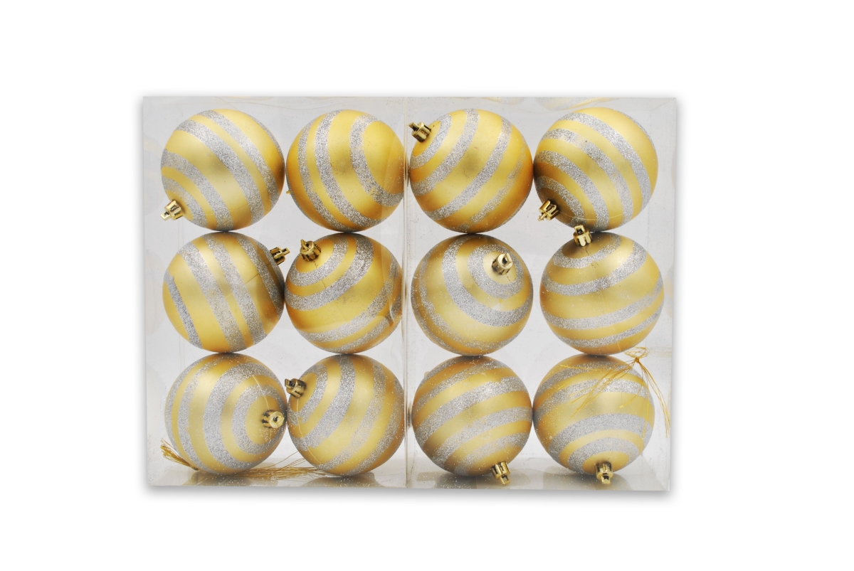 4 in. Ball Ornaments with Line Design, Gold & Silver - Pack of 12