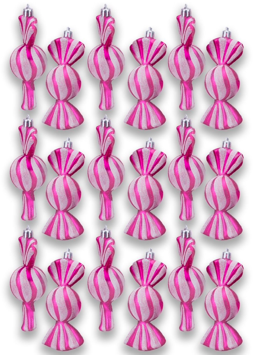 4 in. Hot Pink Candy Ornament with White Glitter, Pack of 18