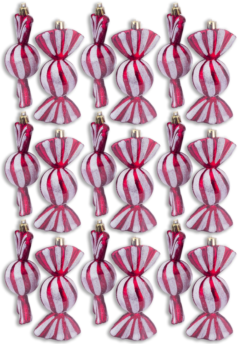 4 in. Red Candy Ornaments with White Glitter, Pack of 18