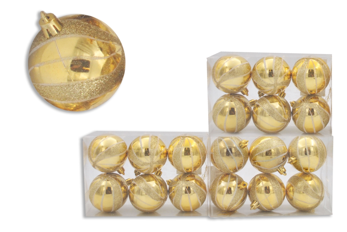 ORN-18PK-S-GO 3 in. Shiny Ornaments with Gold & White Glitter Stripes, Gold - Pack of 18