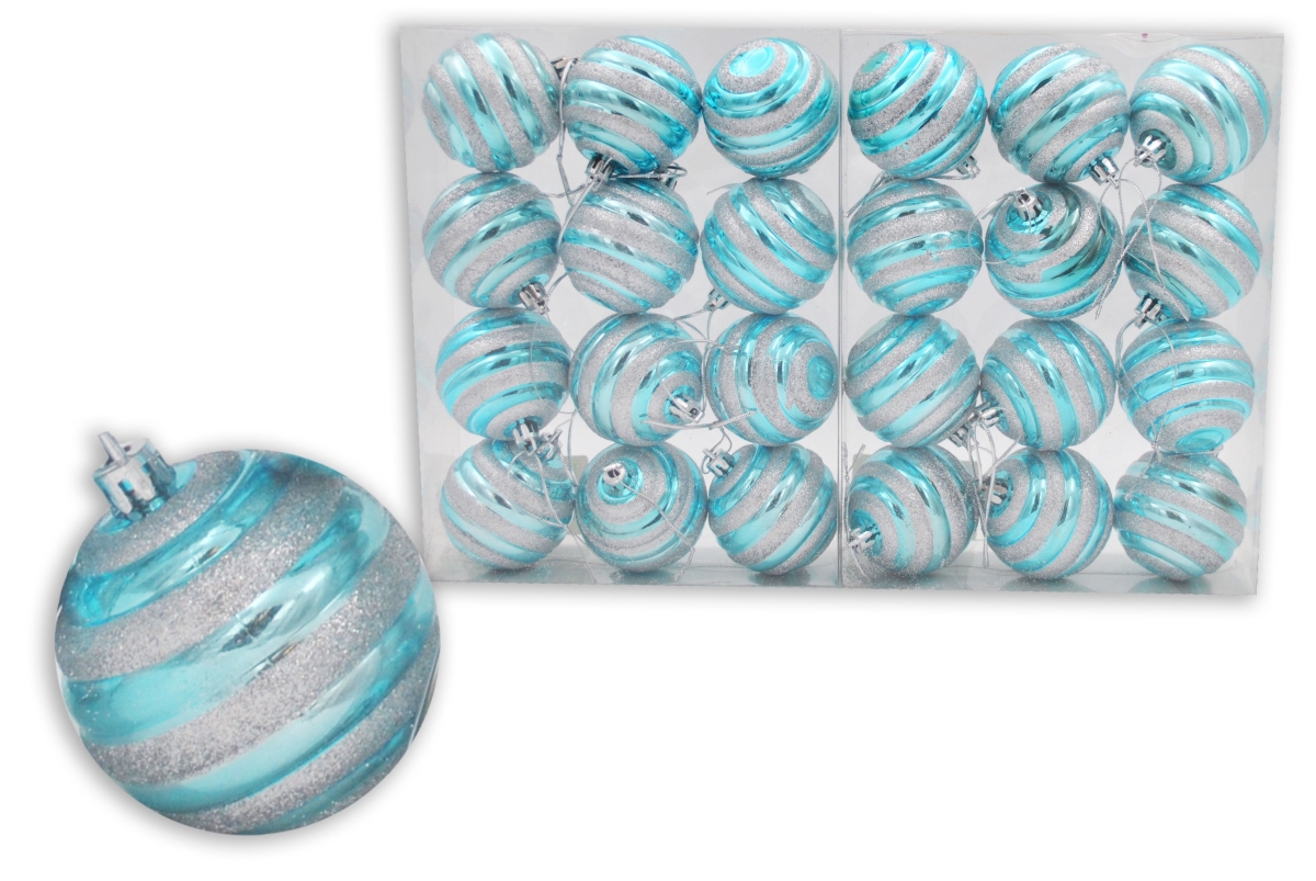 2 in. Ball Ornament with Line Design, Aqua & Silver - Pack of 24