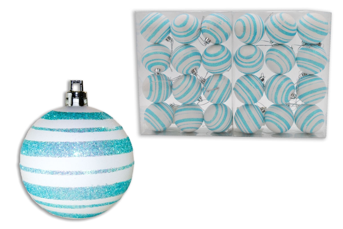 2 in. Ball Ornament with Line Design, Aqua & White - Pack of 24