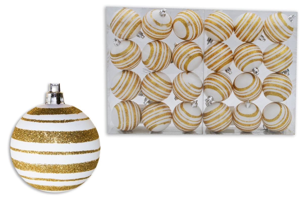 2 in. Ball Ornaments with Line Design, Gold & White - Pack of 24