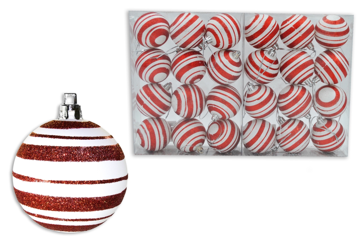 2 in. Ball Ornaments with Line Design, Red & White - Pack of 24