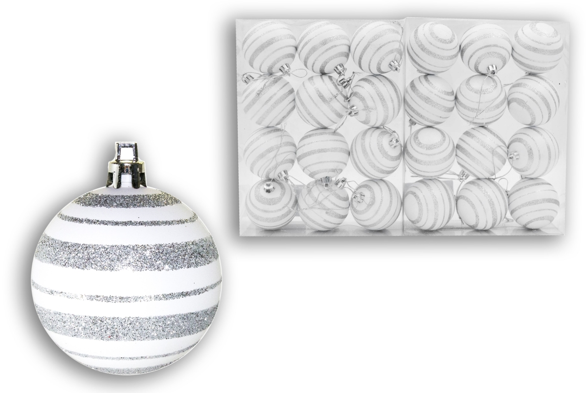 2 in. Ball Ornaments with Line Design, Silver & White - Pack of 24