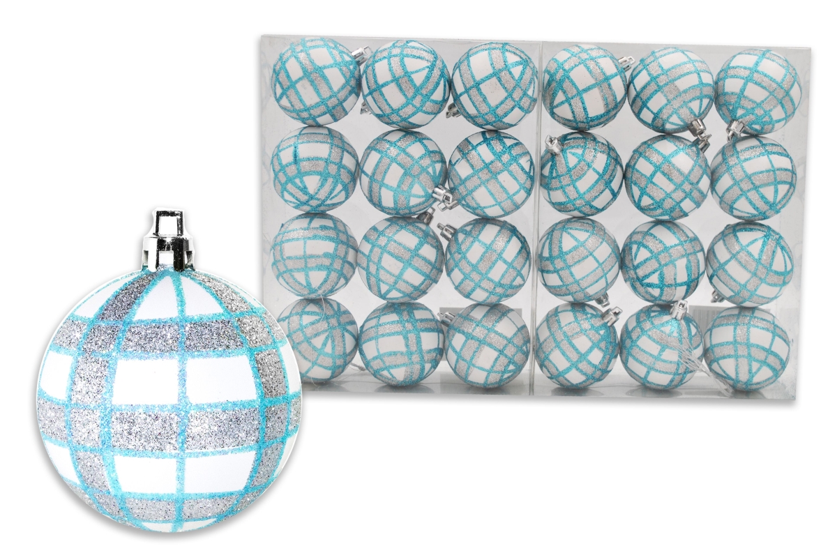 Ball Ornament with Aqua & Silver Plaid Design, White - Pack of 24
