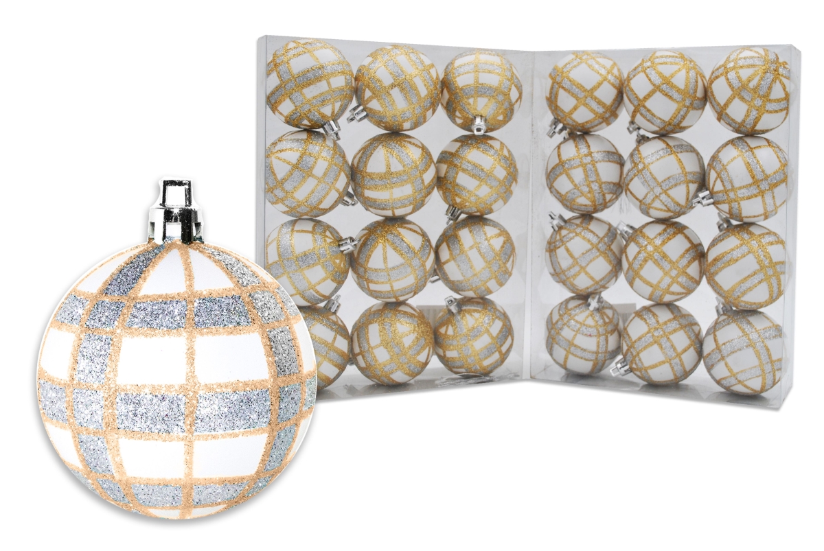 Ball Ornament with Gold & Silver Plaid Design, White - Pack of 24