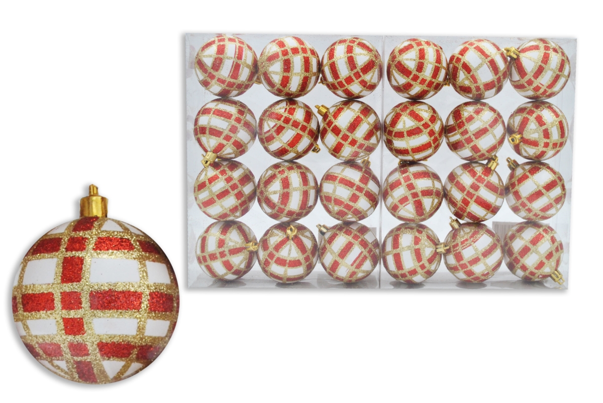 Ball Ornament with Red, White & Gold Plaid Design, White - Pack of 24